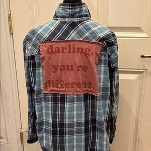 Upcycled Flannel Girls XL Blue Plaid Shirt “Darling you’re different”